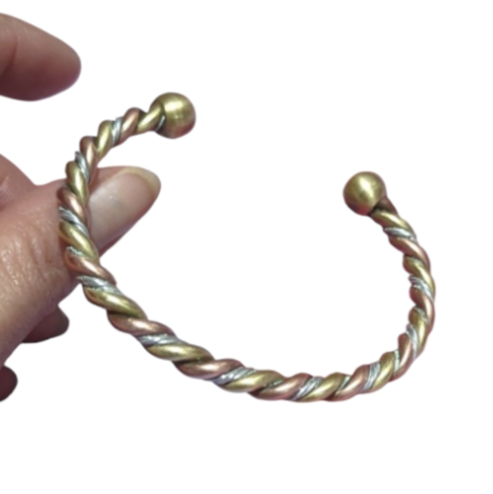 Twisted copper, brass, and silver tone metal cuff bracelet